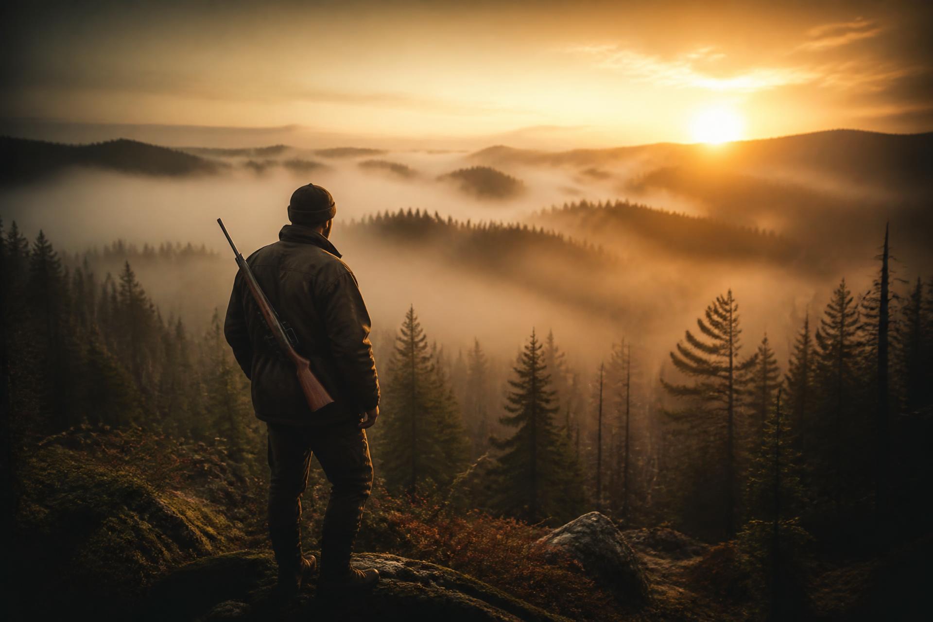 Hunter on a foggy ridge at dawn
